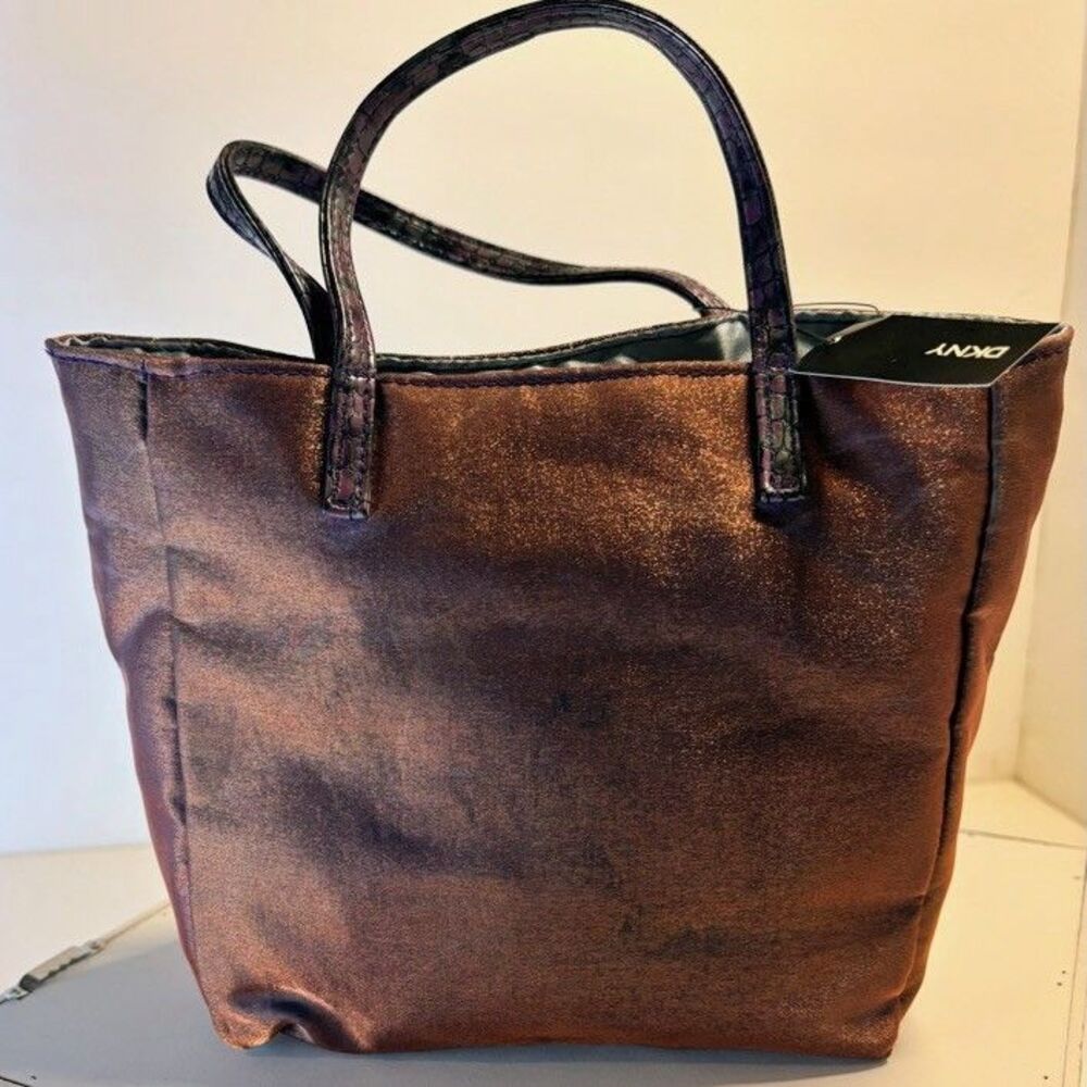 NEW DKNY Violet Small Handbag Tote Shopper Double Leather Handles Shiny Metallic